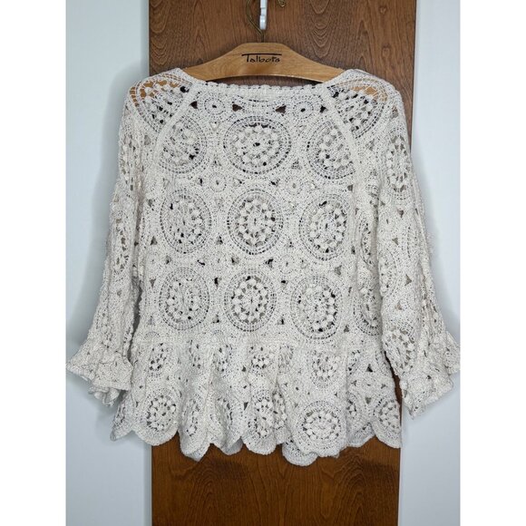 Cream Crochet Peplum Sweater Top Feminine Romantic XL-L See Through Cottage Core - Picture 7 of 11